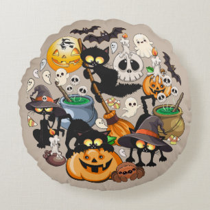Cojín Redondo Gatos divertidos de Halloween en una fiesta