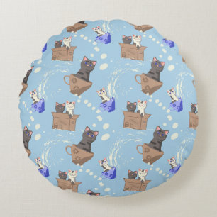 Cojín Redondo Gatos en caja y gotas de leche en azul