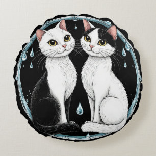 Cojín Redondo Gatos gemelos negros y blancos sentados juntos