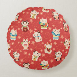 Cojín Redondo Gatos Maneki Neko Afortunados