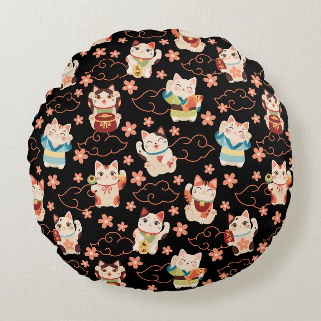 Cojín Redondo Gatos Maneki Neko Afortunados (Anverso)