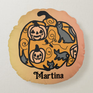 Cojín Redondo Gatos negros retro y sueños de calabaza