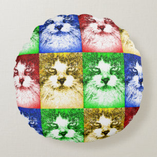 Cojín Redondo Gatos Pop Art Rojo Azul Amarillo Dorado Verde