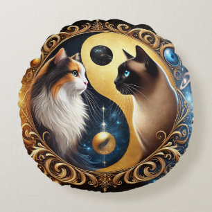 Cojín Redondo Gatos que simbolizan el equilibrio con un Yin Yang