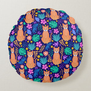 Cojín Redondo Gatos y flores tropicales: Patrón oscuro