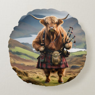 Cojín Redondo Gay Gordons Scottish Highland Cow gaitero,