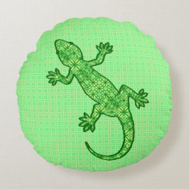 Cojín Redondo Gecko de batik tribal - cal y verde esmeralda