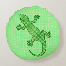 Cojín Redondo Gecko de batik tribal - cal y verde esmeralda