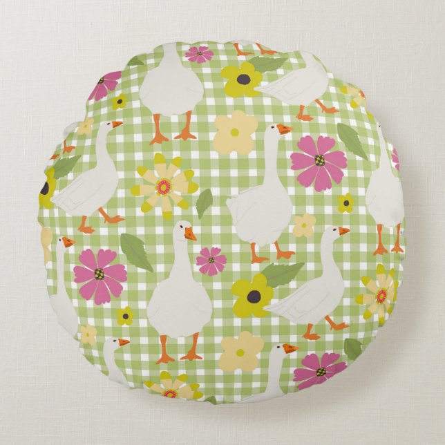 Cojín Redondo Geese lindo con flores dibujadas a mano - Green Ch (Anverso)