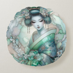 Cojín Redondo Geisha en Verde Serie de Diseño #1