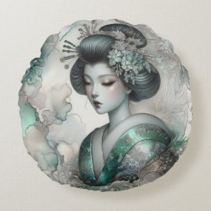 Cojín Redondo Geisha en Verde Serie de Diseño #2