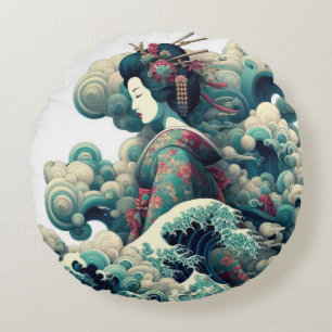 Cojín Redondo Geisha Kanagawa, una región oriental y abstracta, 