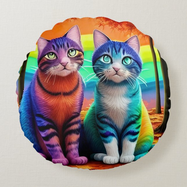 Cojín Redondo Gemelos del arte digital de gatos-56467 (Anverso)
