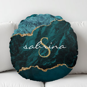 Cojín Redondo Geoda de ágata azul turquesa con monograma dorado
