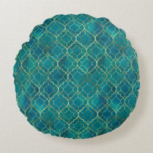 Cojín Redondo Geometría Esmeralda Dorada