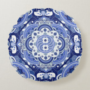 Cojín Redondo Geométrico azul vintage, ornamento indio.