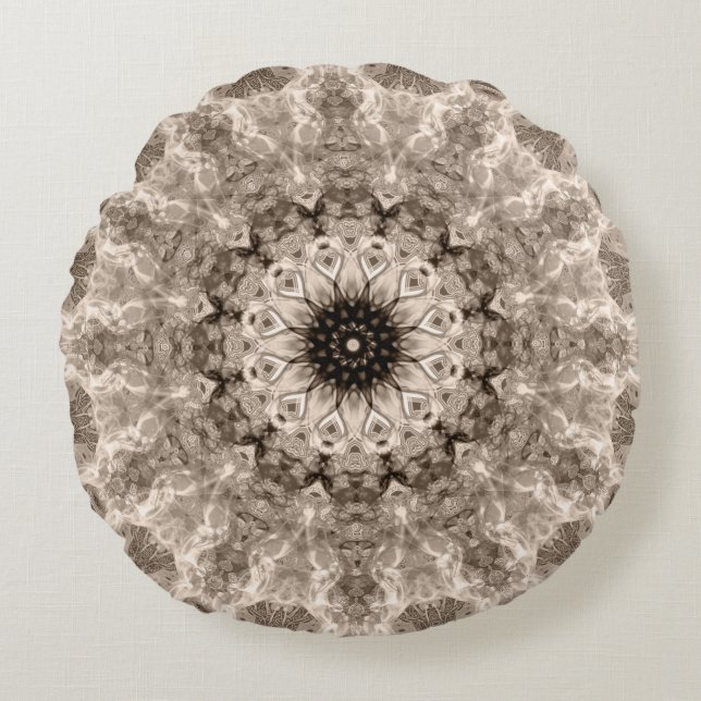 Cojín Redondo geométrico, beige, marrón, mandala (Anverso)