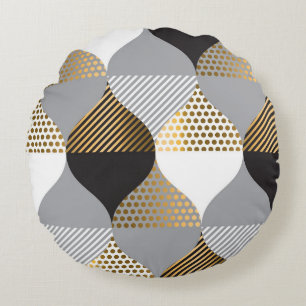 Cojín Redondo Geométrico de lujo: negro, patrón oro