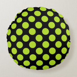 Cojín Redondo Giant Lime Green Polka Dots on Black Round Pillow