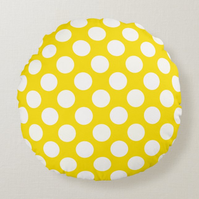 Cojín Redondo Giant White Polka Dots on Yellow Throw Pillow (Anverso)