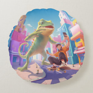 Cojín Redondo Gigante Chameleon - Ilustracion de la ciudad