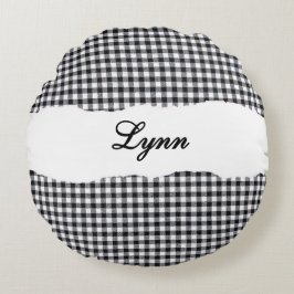 Cojín Redondo Gingham Negro Rústico Nombre Personalizado
