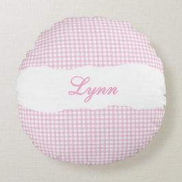 Cojín Redondo Gingham Rosa Personalizado Nombre