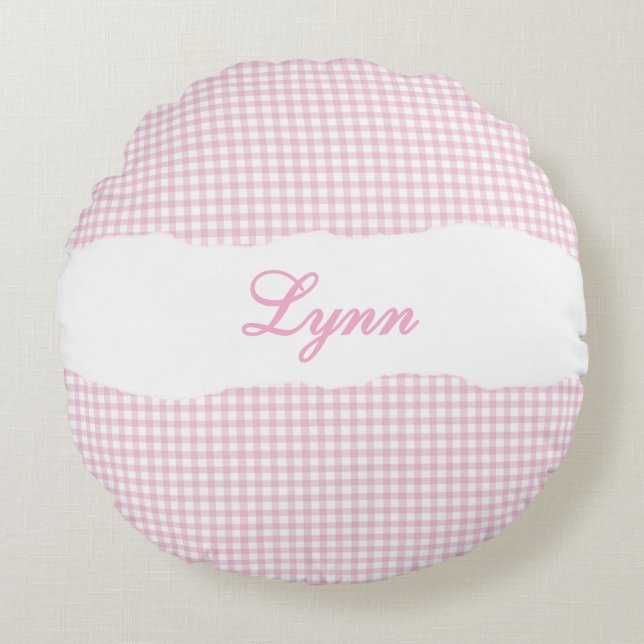 Cojín Redondo Gingham Rosa Personalizado Nombre (Anverso)