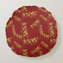 Cojín Redondo Gingko dorado Balboa deja fondo rojo oscuro