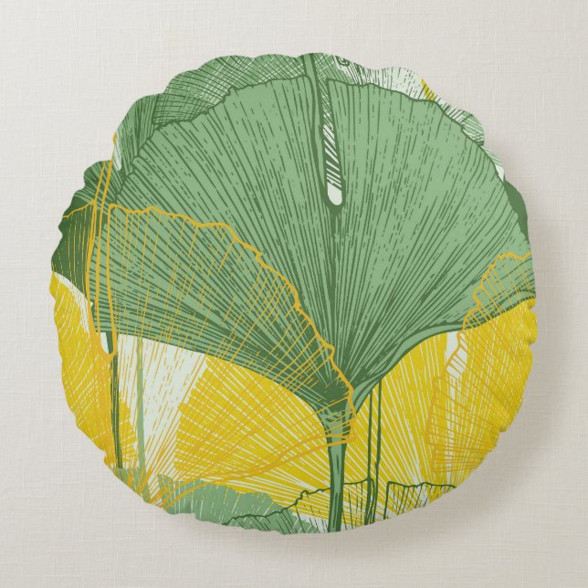 Cojín Redondo Ginkgo Biloba: Hojas Tropicales (Anverso)