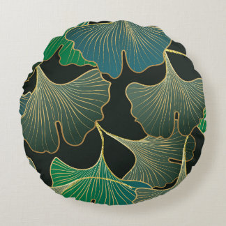 Cojín Redondo Ginkgo de oro de lujo, arte vintage.