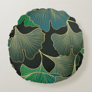 Cojín Redondo Ginkgo de oro de lujo, arte vintage.