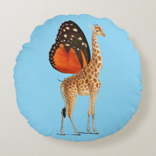Cojín Redondo Girafa alada de mariposa (BLUE BKGRD