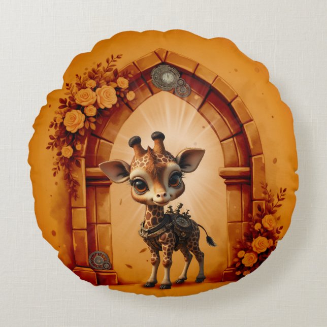 Cojín Redondo Girafa de bebé en steampunk-personalizado (Anverso)