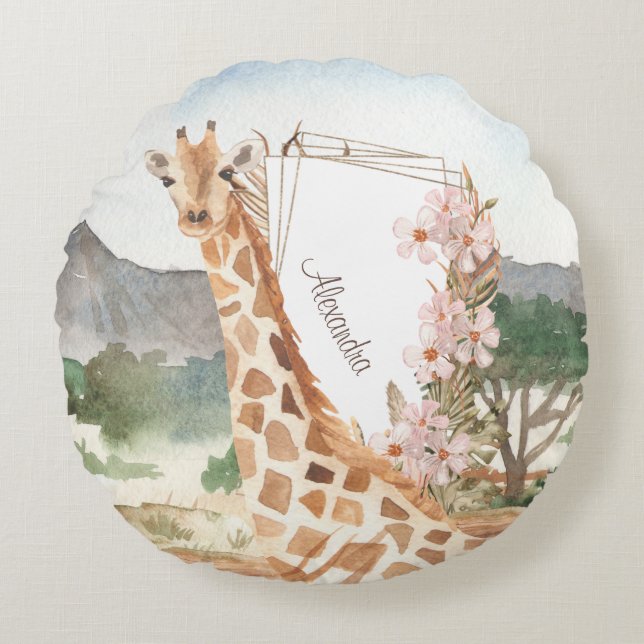 Cojín Redondo Giraffe acuarela en niños africanos de Savannah (Anverso)