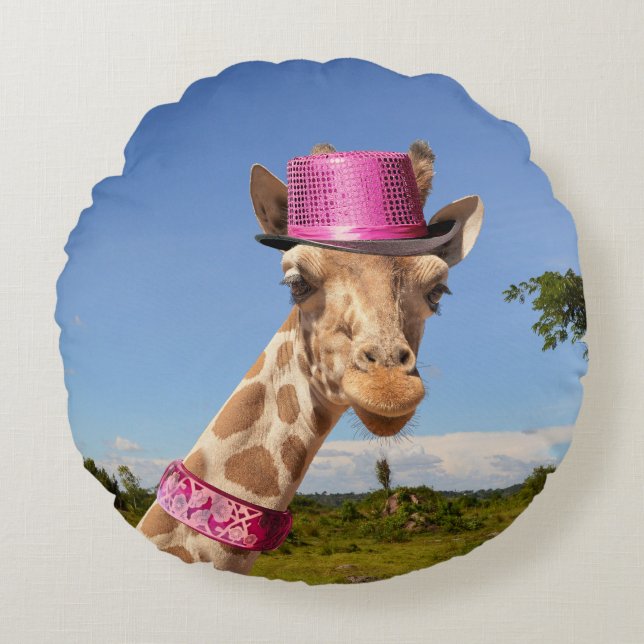 Cojín Redondo Giraffe en gorra rosa brillante (Anverso)