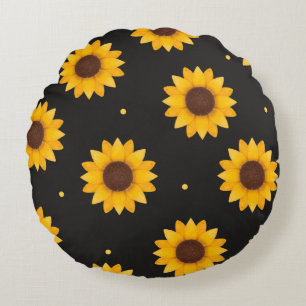 Cojín Redondo Girasol de Fondo Negro - Granja Moderna Estilo Cas