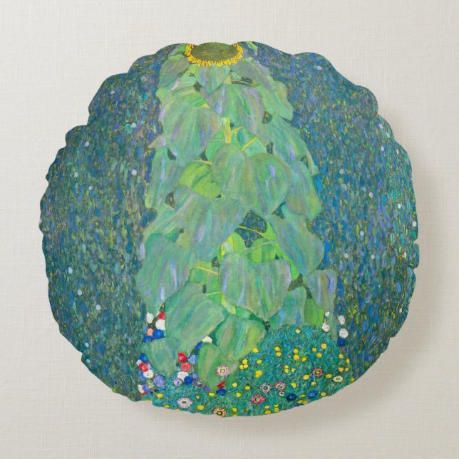 Cojín Redondo Girasol de Klimt, flores antiguas Art Nouveau (Anverso)