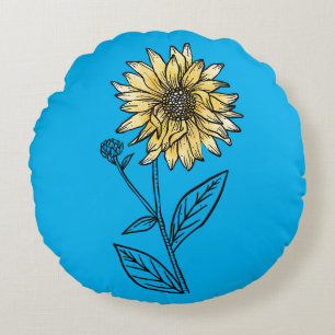 Cojín Redondo Girasol de línea estética de acuarela botánica