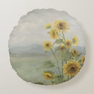 Cojín Redondo Girasol moderno Imagen en acuarela y personalizabl