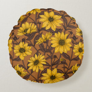 Cojín Redondo Girasol silvestre, raíz de sol en amarillo y marró