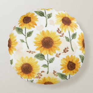 Cojín Redondo Girasoles Amarillos Acuarela Floral Caprichoso