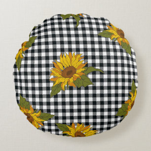 Cojín Redondo girasoles brillantes sobre un búfalo blanco y negr