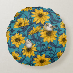 Cojín Redondo girasoles silvestres y pájaros dorados/amarillo