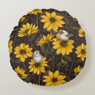 Cojín Redondo girasoles silvestres y pájaros dorados/amarillo