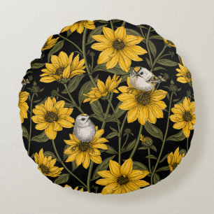Cojín Redondo girasoles silvestres y pájaros dorados/ amarillos 