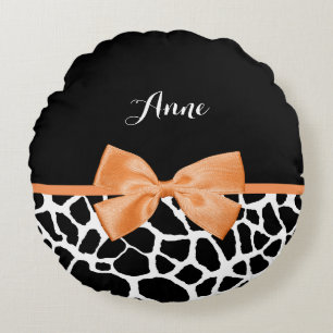 Cojín Redondo Girly Giraffe Print Naranja Ribbon Bow Con Nombre
