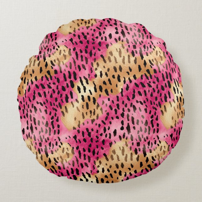 Cojín Redondo Girly Glam Gold Pink Leopard (Anverso)