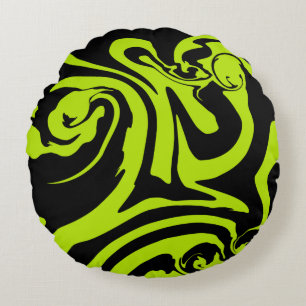 Cojín Redondo Giro de mármol retro Lime Green y Black