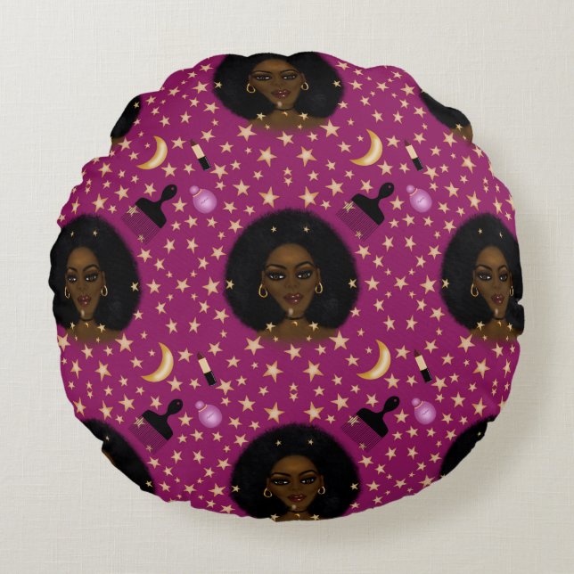 Cojín Redondo Glam Black Woman Afro Hair pic de lápiz labial lun (Anverso)